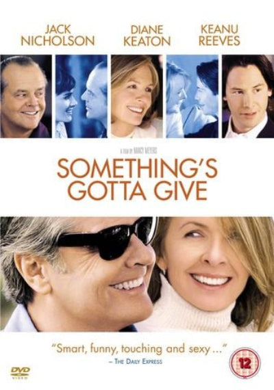 DVD cover for the movie 'Something's Gotta Give' starring Jack Nicholson, Diane Keaton, and Keanu Reeves, with a white background, actor portraits, and orange title text.