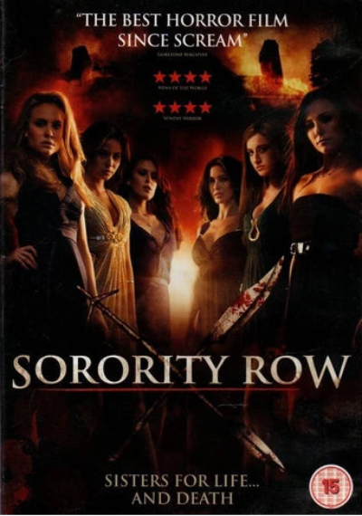 DVD cover for the horror film 'Sorority Row' featuring several women in dark dresses standing in a dramatic, fiery scene with weapons and the title in large white letters.