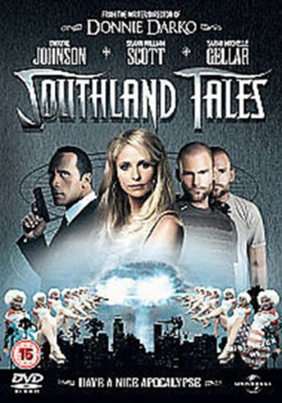 Southland Tales DVD cover featuring cast members Charlie Johnson, Sean William Scott, and Sarah Michelle Gellar, with a dark stylized title and a small group of children at the bottom.