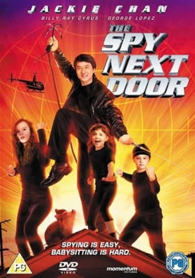 The movie poster for 'The Spy Next Door' starring Jackie Chan, featuring him in a black jacket holding a whip with a helicopter in the background, alongside Billy Ray Cyrus, George Lopez, and the children. The poster is displayed on a DVD cover with the Momentum logo.