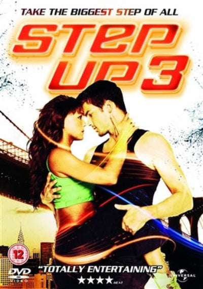 DVD cover for the movie 'Step Up 3' featuring a man and woman in an athletic embrace against a city skyline background, with large red and yellow title text at the top.