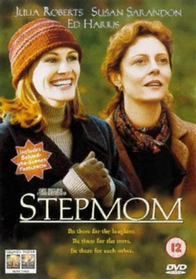 DVD cover for the film 'Stepmom' starring Julia Roberts and Susan Sarandon, featuring the two actresses in winter clothing against a blurred green background, with the title 'STEPMOM' in large white letters.