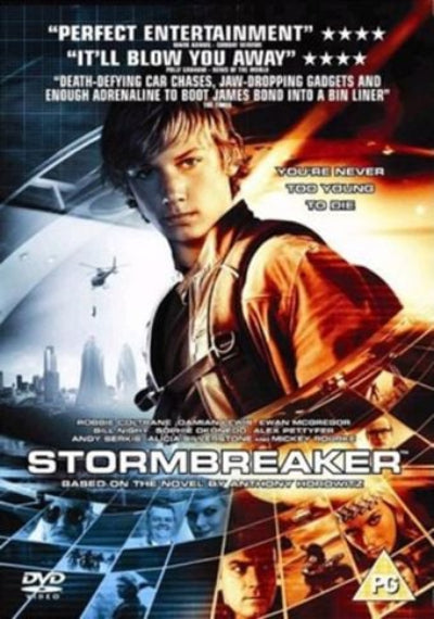 Movie poster for 'Stormbreaker' featuring a character with text about the film's entertainment value.