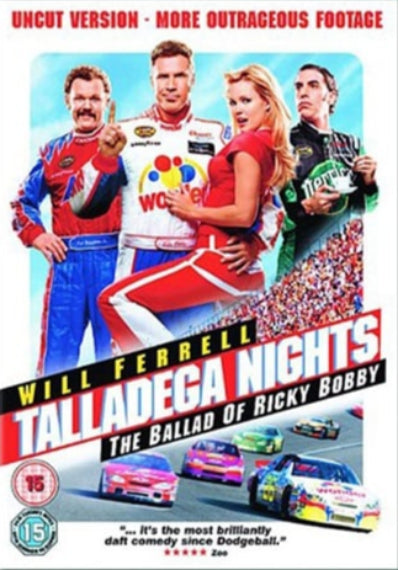 DVD cover of 'Talladega Nights: The Ballad of Ricky Bobby' featuring Will Ferrell and a race car scene.