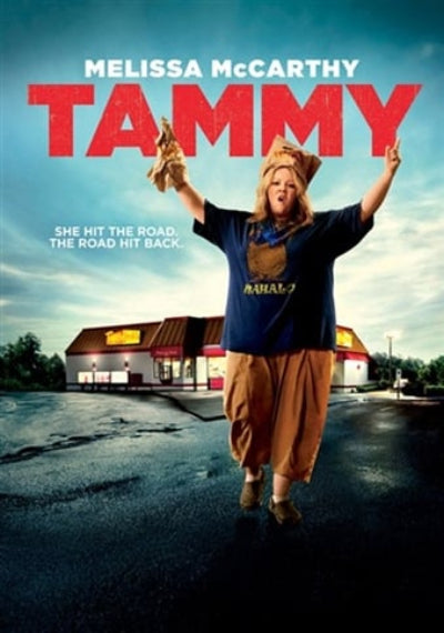 Movie poster for 'Tammy' featuring Melissa McCarthy with a blue sky and building in the background.