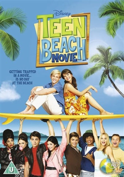 Poster for 'Teen Beach Movie' with characters on a surfboard and palm trees.