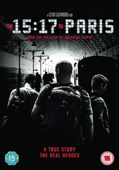 Movie poster for 'The 15:17 to Paris' with silhouettes of people in a train station.