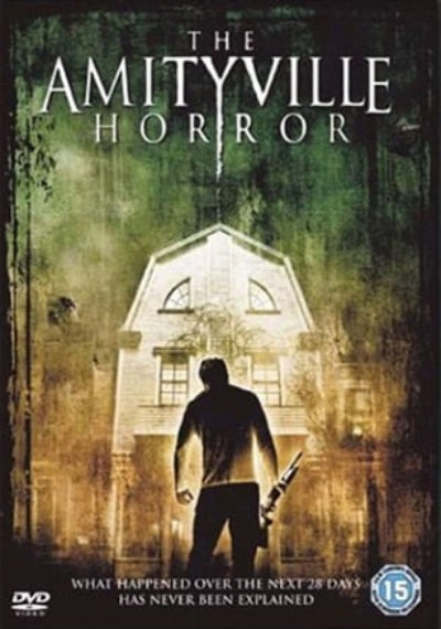DVD cover of 'The Amityville Horror' with a silhouette of a person holding a knife in front of a house.