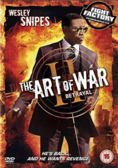 DVD cover of 'The Art of War II: Betrayal' featuring Wesley Snipes with fiery background