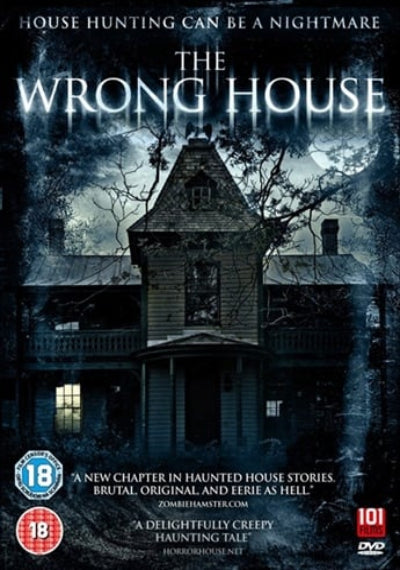Movie poster for 'The Wrong House' with a haunted house and moonlit sky.