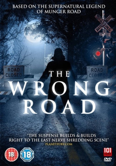 Movie poster for 'The Wrong Road' with a silhouette of a person walking away from a railroad crossing at night.