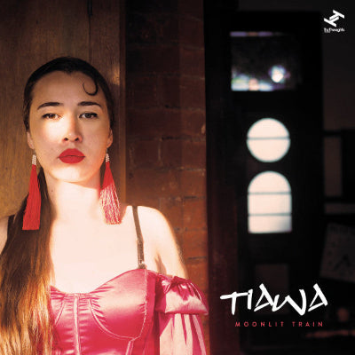 Album cover with a woman in a red dress and red lipstick, featuring the brand 'TIAWA' and album title 'Moonlit Train'.