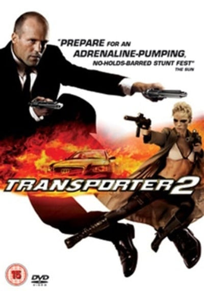 Movie poster for 'The Transporter 2' featuring two characters with guns and a car in the background.
