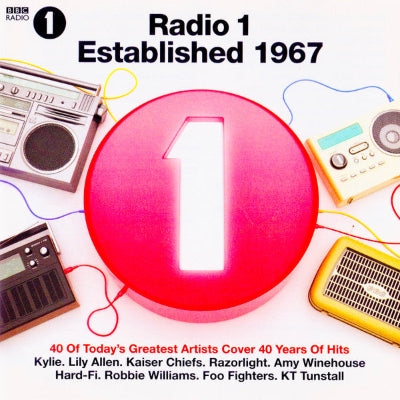 Promotional graphic for BBC Radio 1's 40th anniversary with vintage radios and a large red '1'.