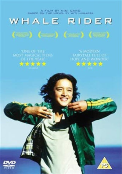 Movie poster for 'Whale Rider' with a person in a green jacket against a blue sky.