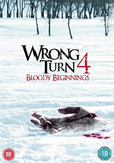Movie poster for 'Wrong Turn 4: Bloody Beginnings' with a hand in blood on a snowy background.