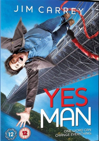 DVD cover of 'Yes Man' featuring Jim Carrey in an upside-down pose.