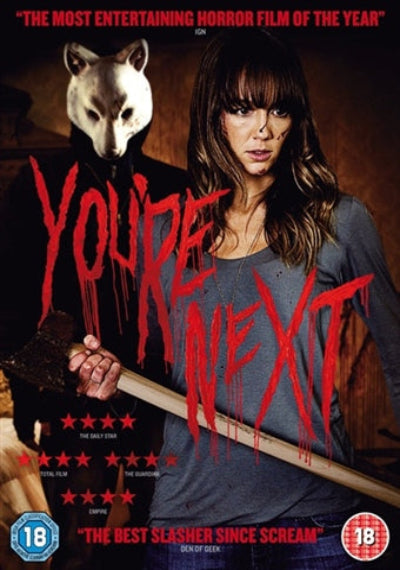 Movie poster for 'You're Next' featuring a woman with an axe and a person in a wolf mask.