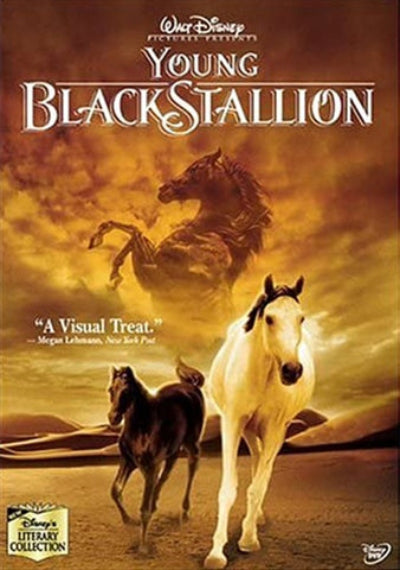Poster for 'Young Black Stallion' featuring horses against a desert backdrop.
