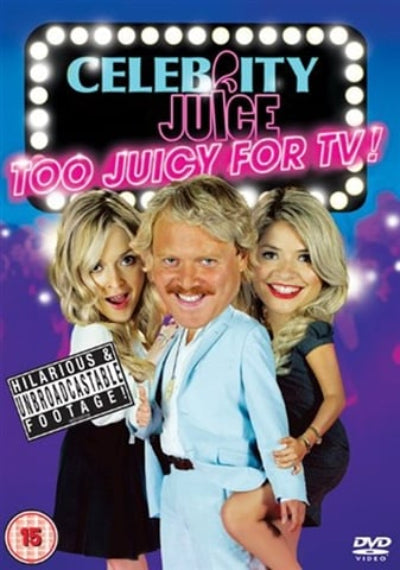 DVD cover of 'Celebrity Juice: Too Juicy for TV!' with three people posing and a bright purple background.