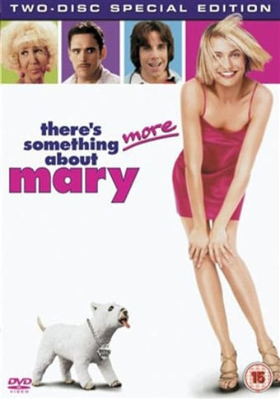 DVD cover of 'There's Something More About Mary' with a woman in a pink dress and a dog.