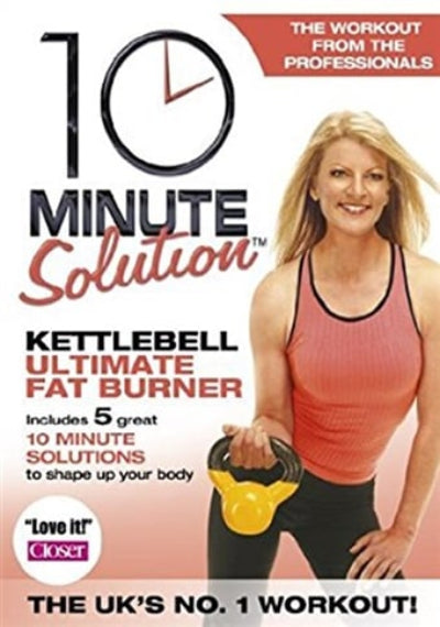 Fitness DVD cover featuring a woman with a kettlebell and text about a 10-minute solution workout.