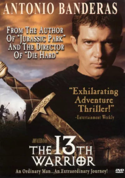 Movie poster for 'The 13th Warrior' featuring Antonio Banderas with text about the film and its director.