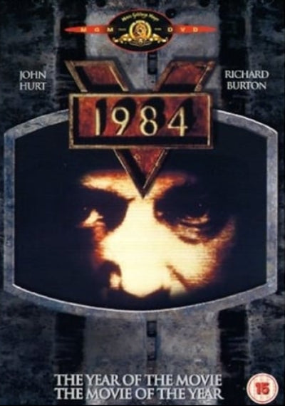 DVD cover of '1984' with a dark background and text