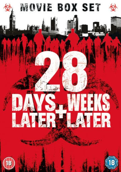 Movie box set cover with '28 Days Later' and '28 Weeks Later' on a red background with silhouettes of people.