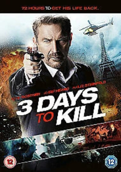 Movie poster for '3 Days to Kill' featuring a man with a gun and a helicopter.