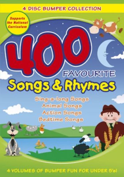 Cover of '400 Favourite Songs & Rhymes' with cartoon characters and animals on a blue sky background.