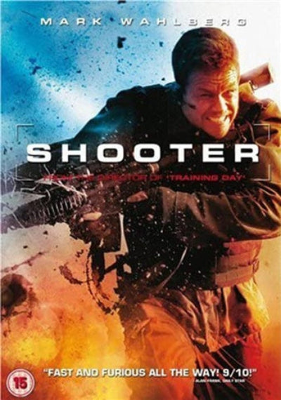 Movie poster for 'Shooter' featuring a soldier holding a rifle with a blue and orange background.