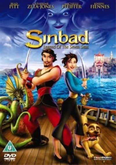 Movie poster for 'Sinbad: Legend of the Seven Seas' featuring animated characters on a ship with a cityscape in the background.