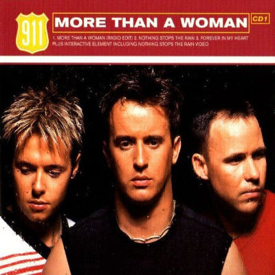 Album cover for 'More Than A Woman' featuring three band members with a red banner at the top.