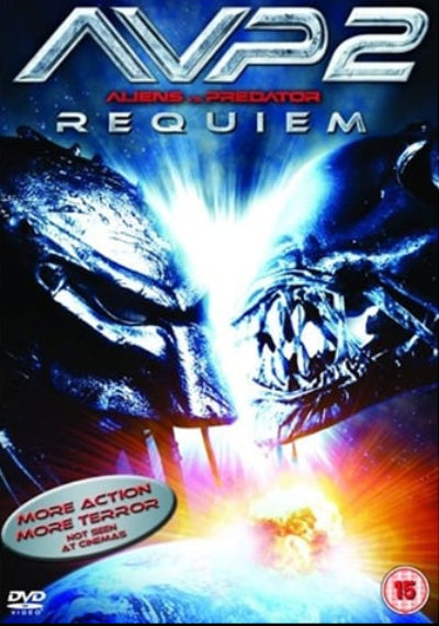 DVD cover of 'AVP2: Aliens vs. Predator Requiem' with two alien faces and a bright light.