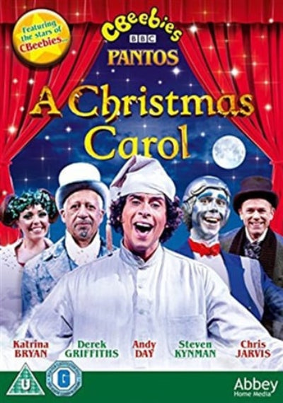Cover of 'A Christmas Carol' featuring CBeebies characters with red curtains and moon in background