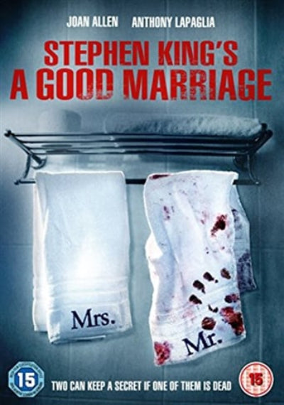 Movie poster for 'A Good Marriage' with towels labeled 'Mrs.' and 'Mr.' on a rack.