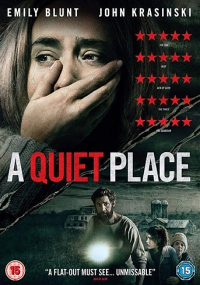 Movie poster for 'A Quiet Place' featuring a woman with her hand over her mouth and a man holding a flashlight.