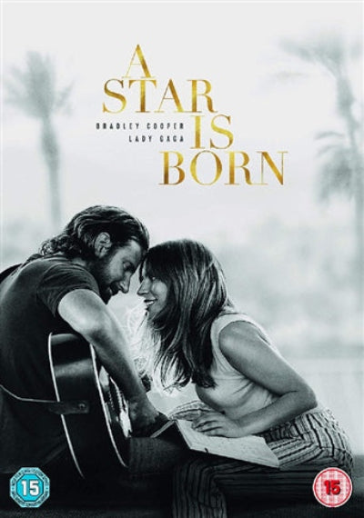 Movie poster for 'A Star Is Born' featuring a couple with a guitar and scenic background.