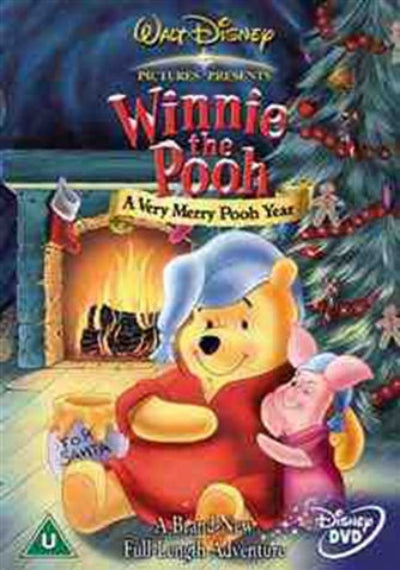 Winnie the Pooh DVD cover for 'A Very Merry Pooh Year' with Christmas decorations.