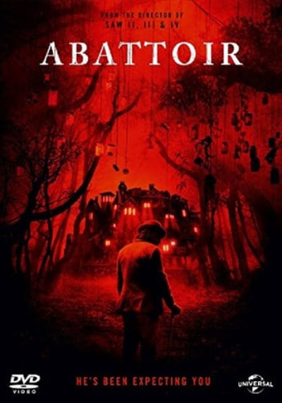 Movie poster for 'Abattoir' with a dark, eerie scene and red lighting.