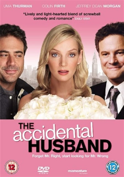 Movie poster for 'The Accidental Husband' featuring three actors with a pink background.