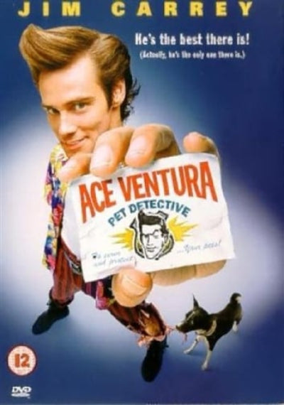 DVD cover of 'Ace Ventura: Pet Detective' featuring Jim Carrey holding a card with the movie title.