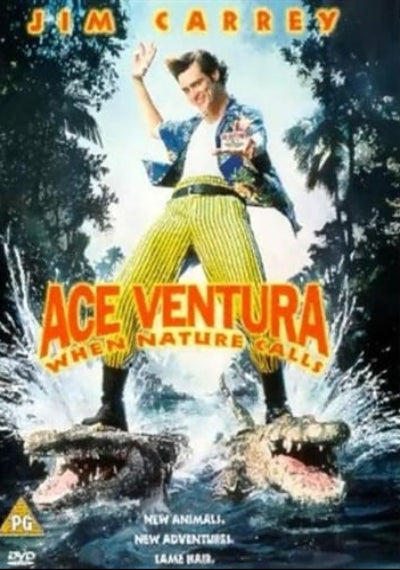 Movie poster for 'Ace Ventura: When Nature Calls' featuring Jim Carrey with alligators.