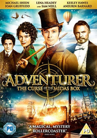 Movie poster for 'Adventurer: The Curse of the Midas Box' featuring four characters and a ship in the background.