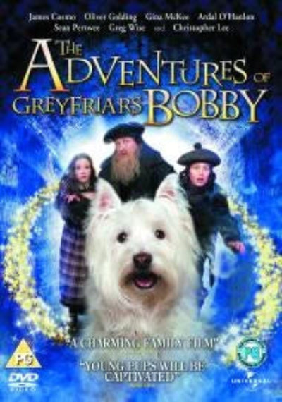 DVD cover of 'The Adventures of Greyfriars Bobby' with a white dog and people in the background.