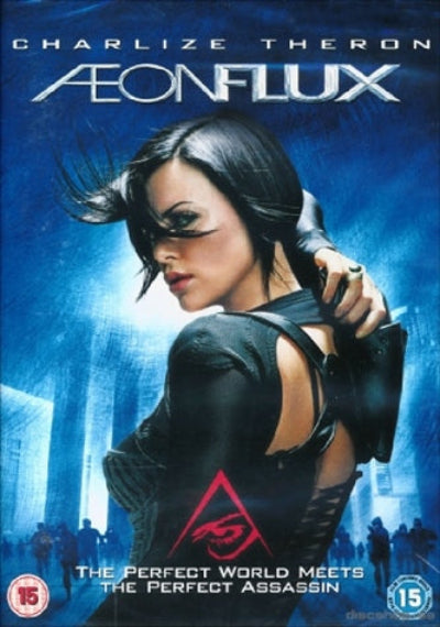 Movie poster for 'Aeon Flux' featuring a character with a gun against a blue background.