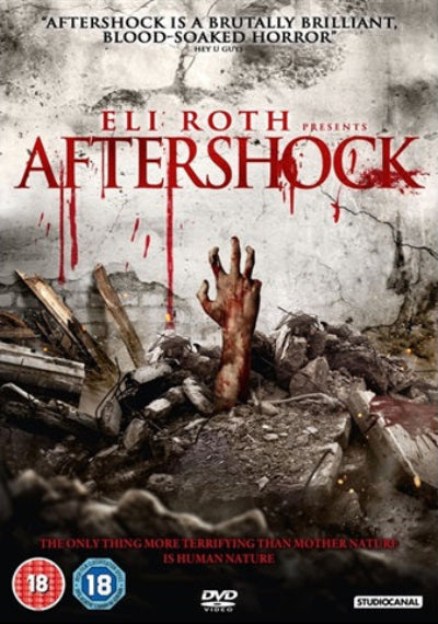 DVD cover of 'Aftershock' with a hand emerging from rubble and bloodstains.