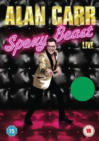 DVD cover of 'Alan Carr: Spexy Beast Live' with a person in a gold jacket against a black leather couch background.