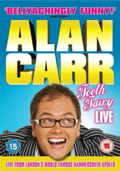 DVD cover of 'Alan Carr: Tooth Fairy Live' with a blue background and Alan Carr's face.